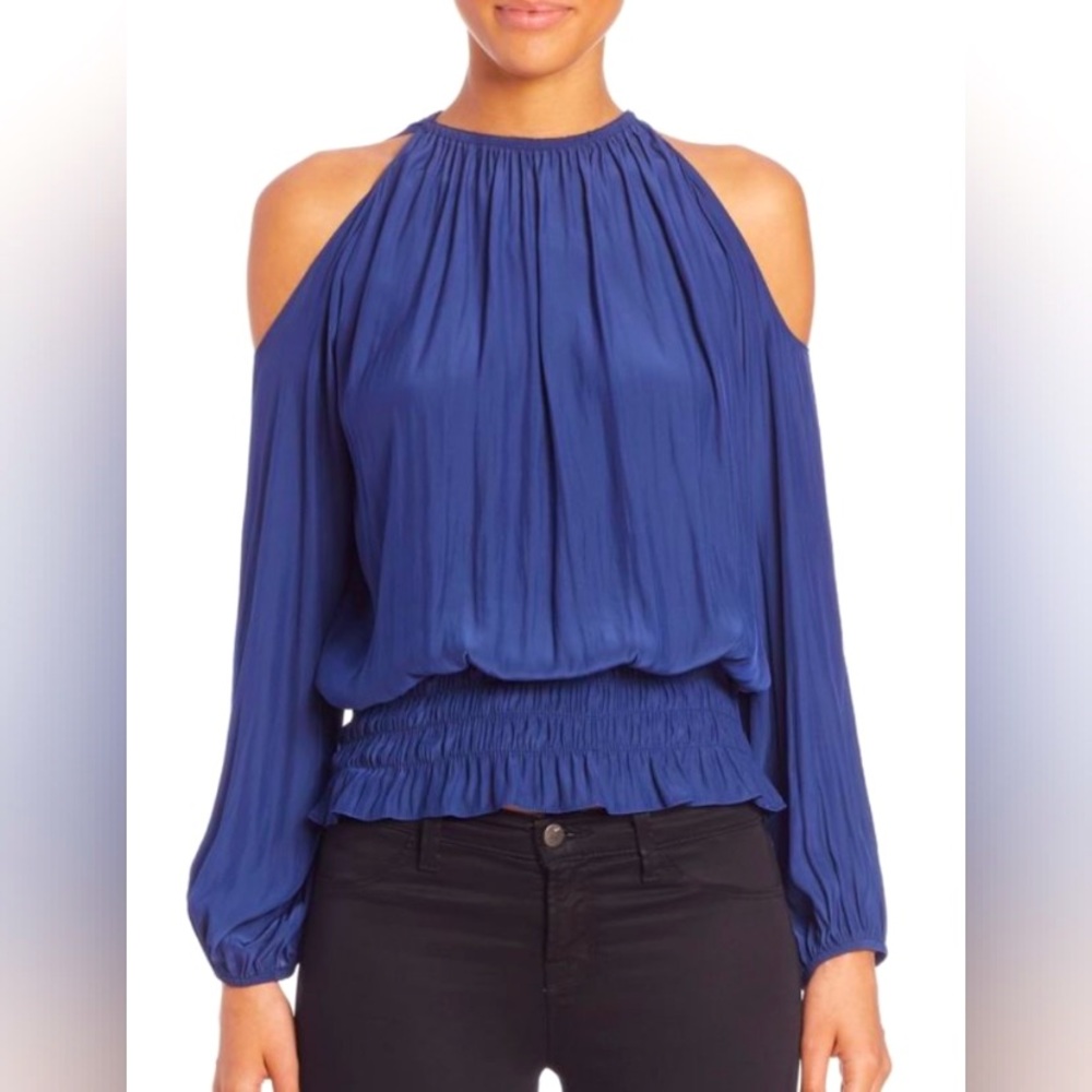 Ramy Brook Lauren Navy Blue Cold Shoulder Smocked Long Sleeve Blouse